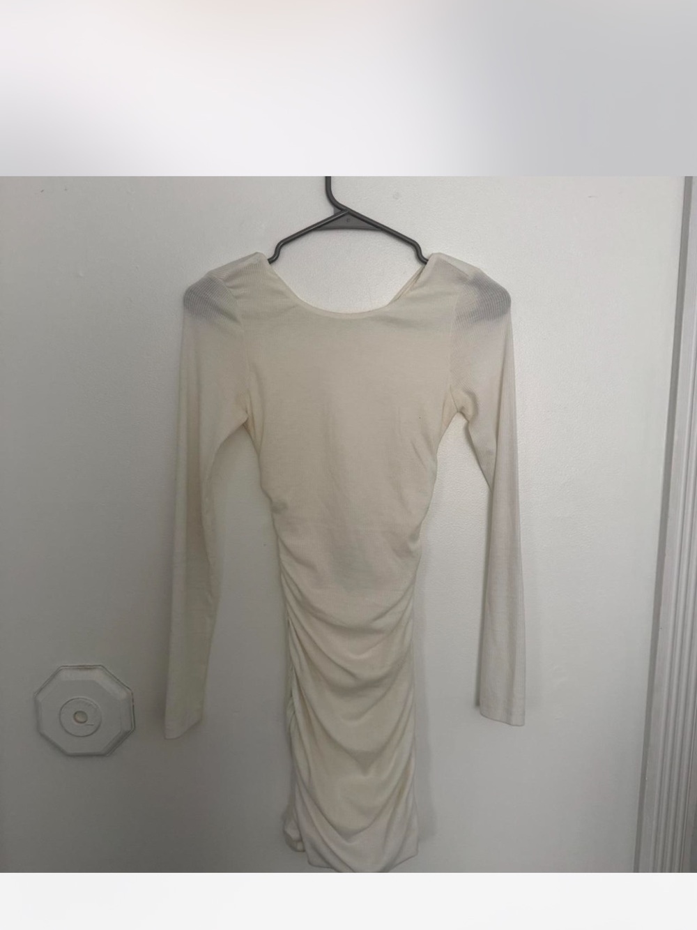 Women’s White Ribbed Long Sleeve Backless Dress - Picture 3 of 5